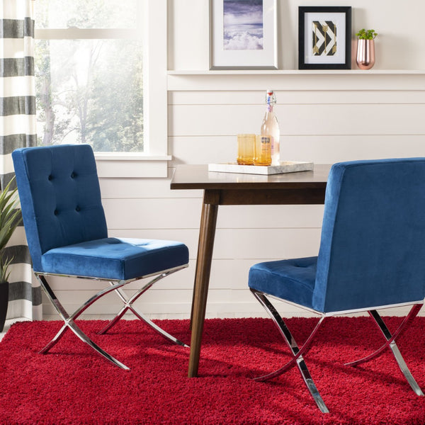 Safavieh Walsh Contemporary Tufted Side Chair - Luxurious Upholstery With Polished Legs For Modern Spaces Navy Velvet/Chrome FOX6300E