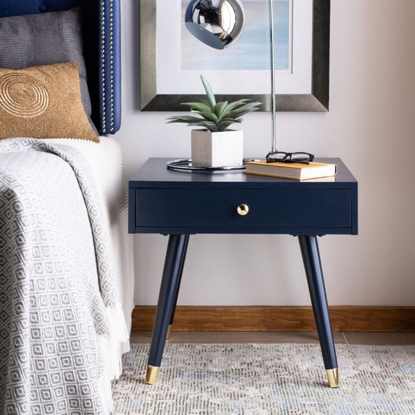 Safavieh Levinson Mid-Century Modern End Table With Glam Gold Accents For Living Room & Bedroom Decor Navy/Gold FOX6305C