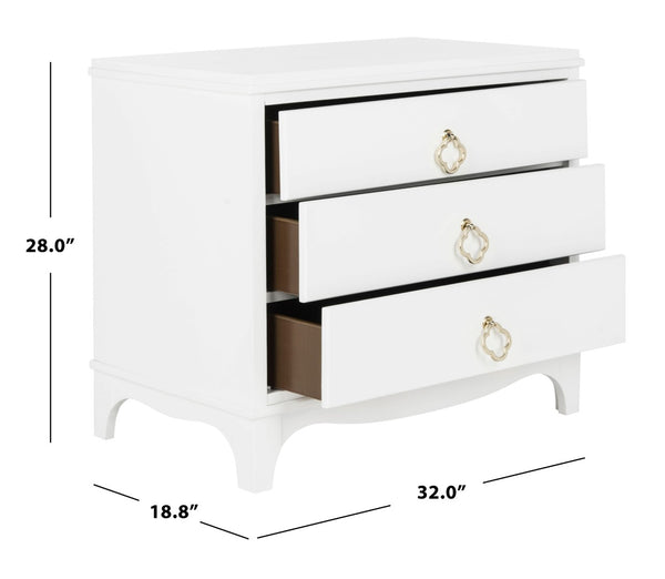 Safavieh Hannon Elegant Three-Drawer Nightstand With Gold Quatrefoil Pulls For Chic Bedroom Storage Solutions White/Brass FOX6306A