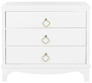 Safavieh Hannon Elegant Three-Drawer Nightstand With Gold Quatrefoil Pulls For Chic Bedroom Storage Solutions White/Brass FOX6306A