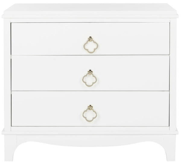Safavieh Hannon Elegant Three-Drawer Nightstand With Gold Quatrefoil Pulls For Chic Bedroom Storage Solutions White/Brass FOX6306A