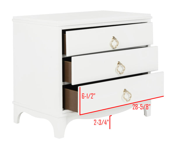 Safavieh Hannon Elegant Three-Drawer Nightstand With Gold Quatrefoil Pulls For Chic Bedroom Storage Solutions White/Brass FOX6306A