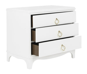 Safavieh Hannon Elegant Three-Drawer Nightstand With Gold Quatrefoil Pulls For Chic Bedroom Storage Solutions White/Brass FOX6306A