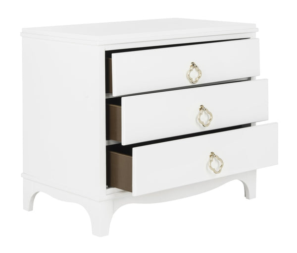 Safavieh Hannon Elegant Three-Drawer Nightstand With Gold Quatrefoil Pulls For Chic Bedroom Storage Solutions White/Brass FOX6306A