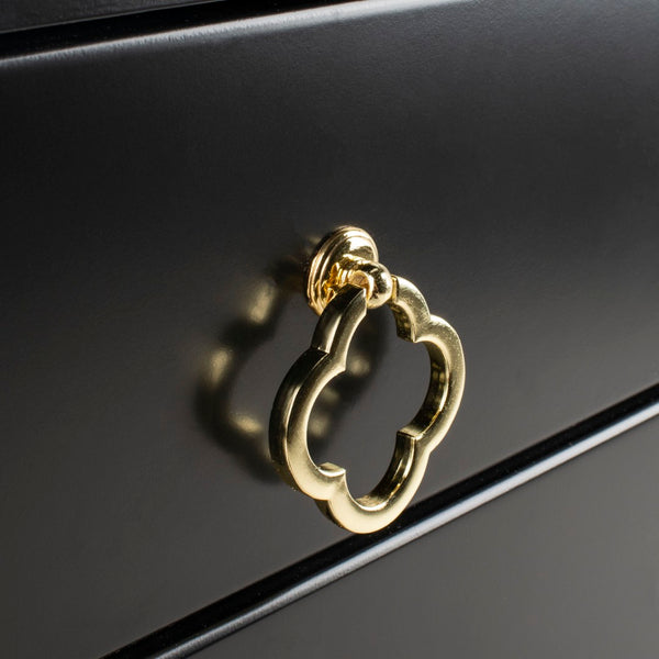 Safavieh Hannon Elegant Three-Drawer Nightstand With Gold Quatrefoil Pulls For Chic Bedroom Storage Solutions Black/Brass FOX6306B