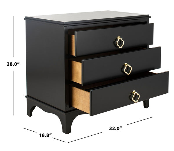 Safavieh Hannon Elegant Three-Drawer Nightstand With Gold Quatrefoil Pulls For Chic Bedroom Storage Solutions Black/Brass FOX6306B