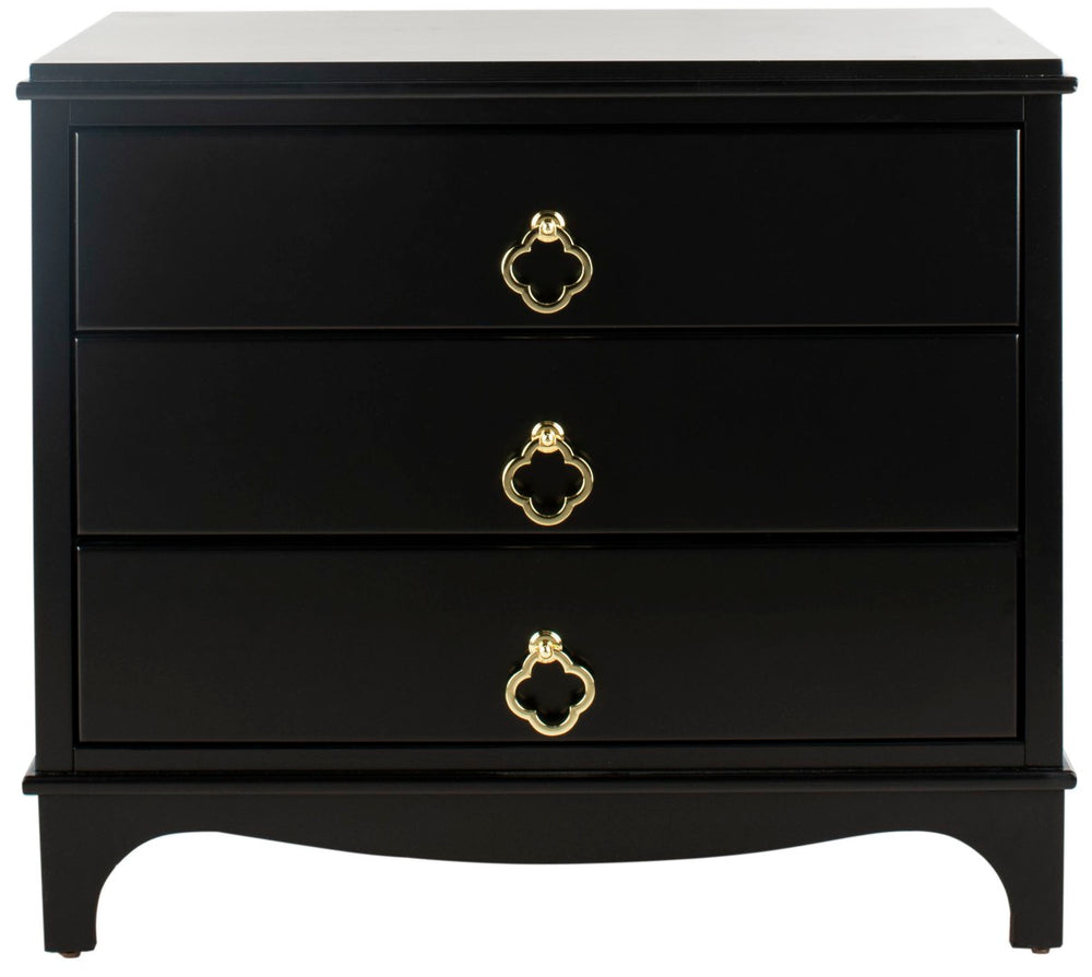 Safavieh Hannon Elegant Three-Drawer Nightstand With Gold Quatrefoil Pulls For Chic Bedroom Storage Solutions Black/Brass FOX6306B