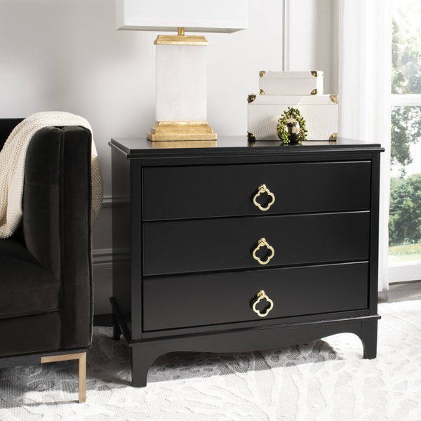 Safavieh Hannon Elegant Three-Drawer Nightstand With Gold Quatrefoil Pulls For Chic Bedroom Storage Solutions Black/Brass FOX6306B