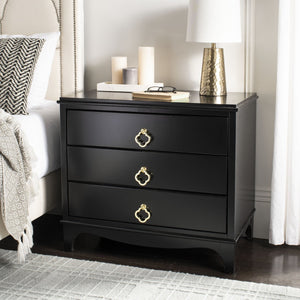 Safavieh Hannon Elegant Three-Drawer Nightstand With Gold Quatrefoil Pulls For Chic Bedroom Storage Solutions Black/Brass FOX6306B