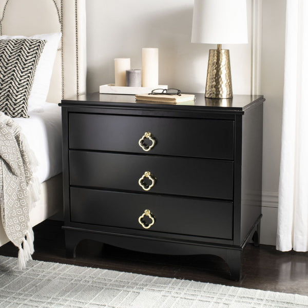 Safavieh Hannon Elegant Three-Drawer Nightstand With Gold Quatrefoil Pulls For Chic Bedroom Storage Solutions Black/Brass FOX6306B