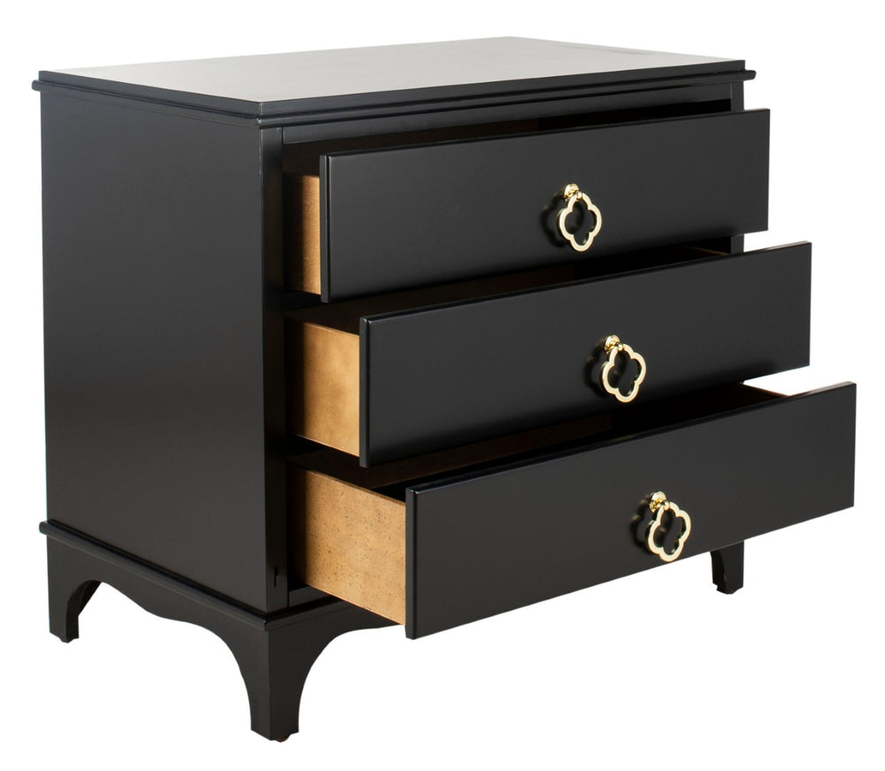 Safavieh Hannon Elegant Three-Drawer Nightstand With Gold Quatrefoil Pulls For Chic Bedroom Storage Solutions Black/Brass FOX6306B