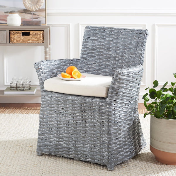 Safavieh Cabana Rattan Arm Chair - Modern Coastal Accent Chair With Comfortable Cushion For Stylish Living Spaces Grey White Wash FOX6500A