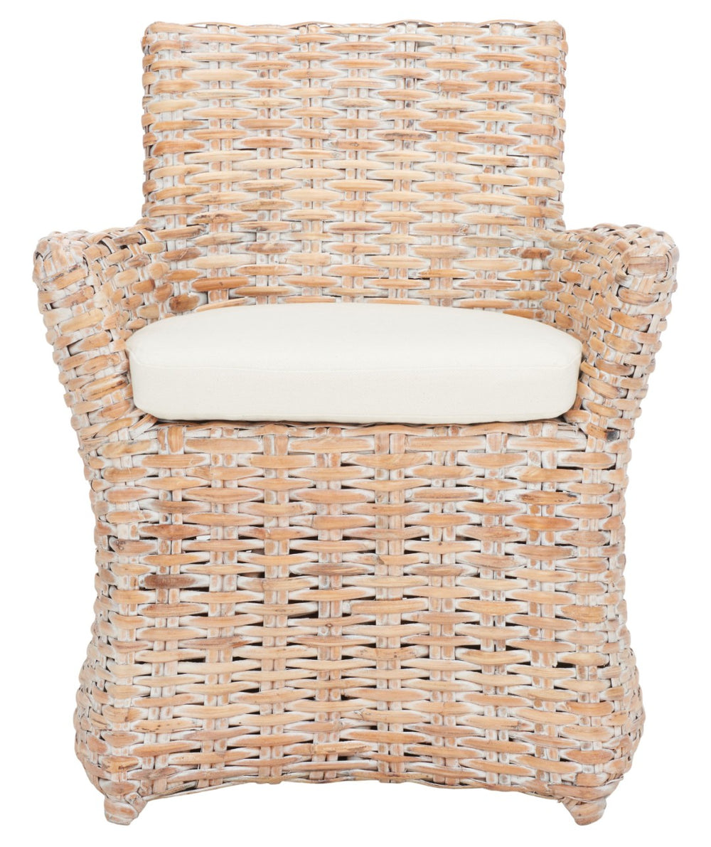 Safavieh Cabana Rattan Arm Chair - Modern Coastal Accent Chair With Comfortable Cushion For Stylish Living Spaces White Wash/ White Cushion FOX6500C