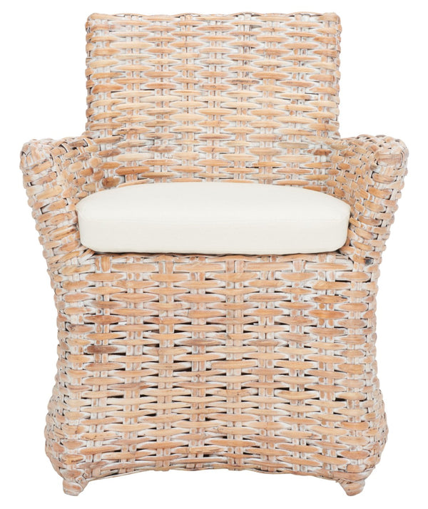 Safavieh Cabana Rattan Arm Chair - Modern Coastal Accent Chair With Comfortable Cushion For Stylish Living Spaces White Wash/ White Cushion FOX6500C
