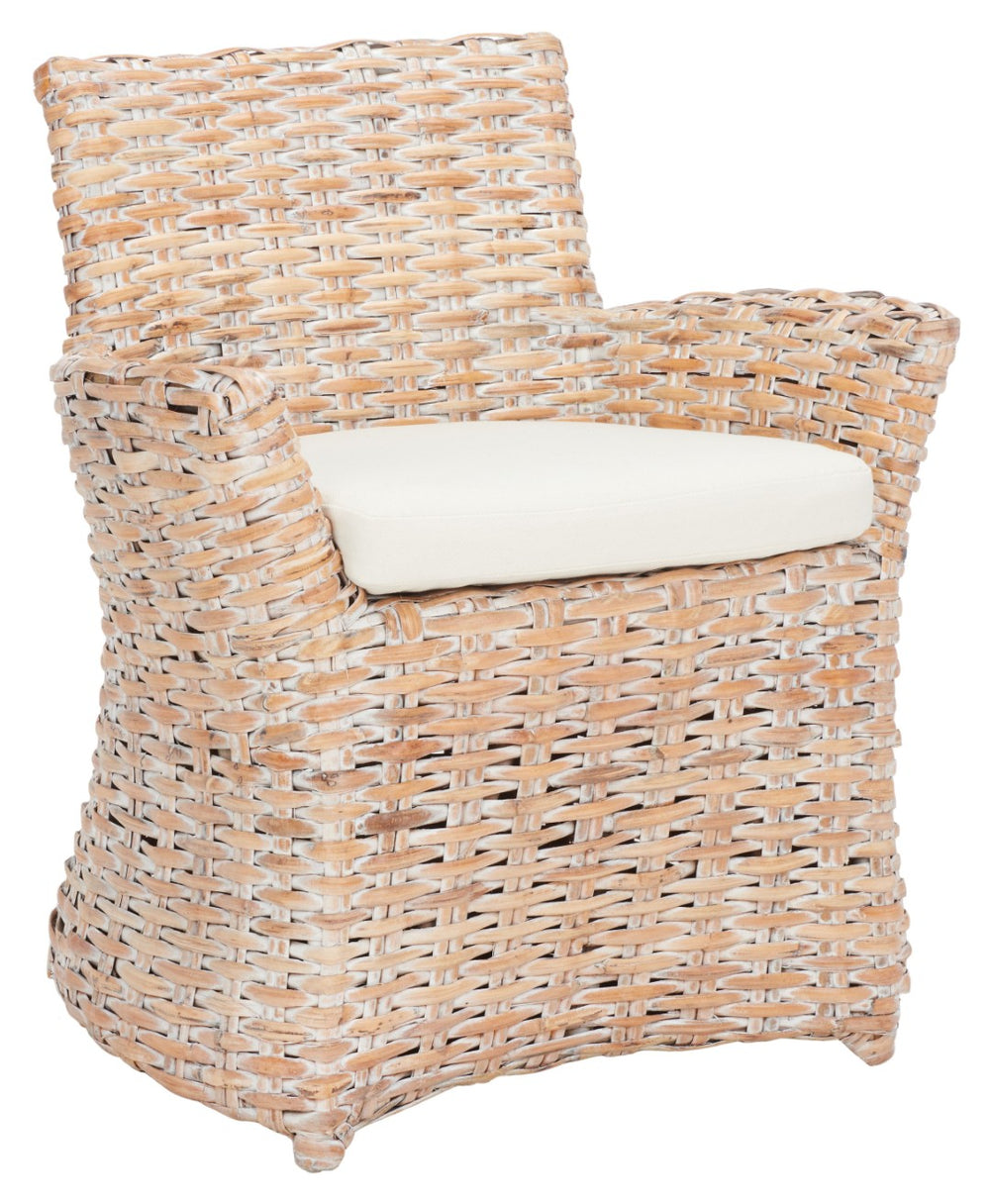 Safavieh Cabana Rattan Arm Chair - Modern Coastal Accent Chair With Comfortable Cushion For Stylish Living Spaces White Wash/ White Cushion FOX6500C