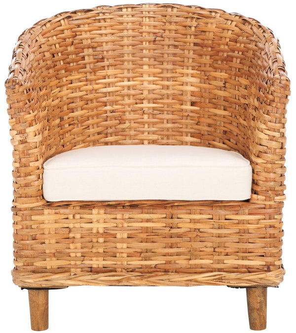 Safavieh Omni Barrel Chair - British Colonial-Inspired Rattan Accent With Soft Cotton Cushion For Cozy Elegance Honey FOX6501A