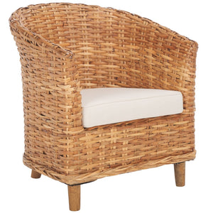Safavieh Omni Barrel Chair - British Colonial-Inspired Rattan Accent With Soft Cotton Cushion For Cozy Elegance Honey FOX6501A