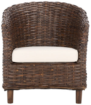 Safavieh Omni Barrel Chair - British Colonial-Inspired Rattan Accent With Soft Cotton Cushion For Cozy Elegance Brown FOX6501B