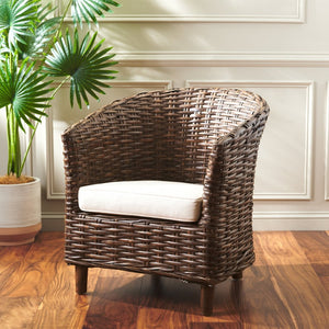 Safavieh Omni Barrel Chair - British Colonial-Inspired Rattan Accent With Soft Cotton Cushion For Cozy Elegance Brown FOX6501B