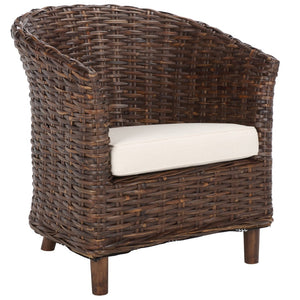 Safavieh Omni Barrel Chair - British Colonial-Inspired Rattan Accent With Soft Cotton Cushion For Cozy Elegance Brown FOX6501B
