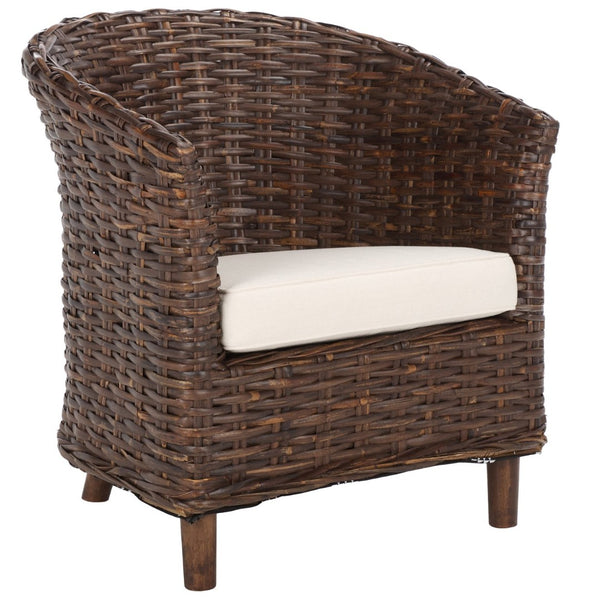 Safavieh Omni Barrel Chair - British Colonial-Inspired Rattan Accent With Soft Cotton Cushion For Cozy Elegance Brown FOX6501B