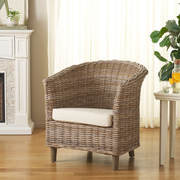 Safavieh Omni Barrel Chair - British Colonial-Inspired Rattan Accent With Soft Cotton Cushion For Cozy Elegance Natural FOX6501C