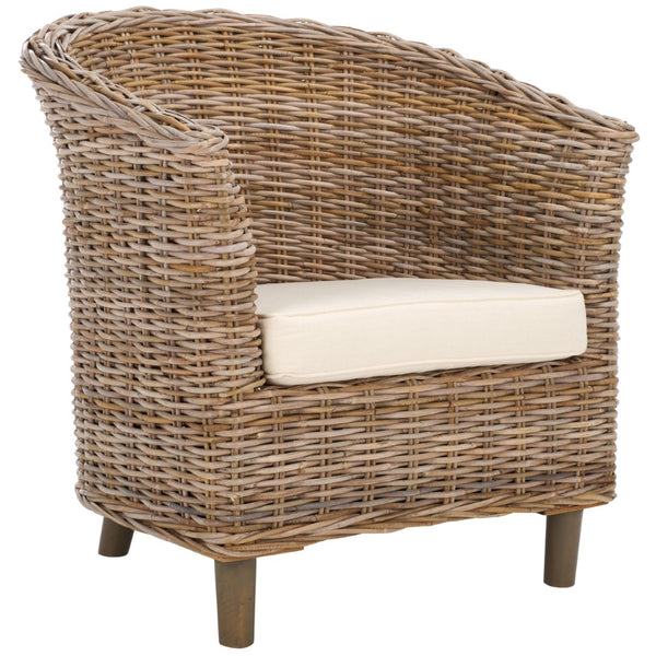 Safavieh Omni Barrel Chair - British Colonial-Inspired Rattan Accent With Soft Cotton Cushion For Cozy Elegance Natural FOX6501C