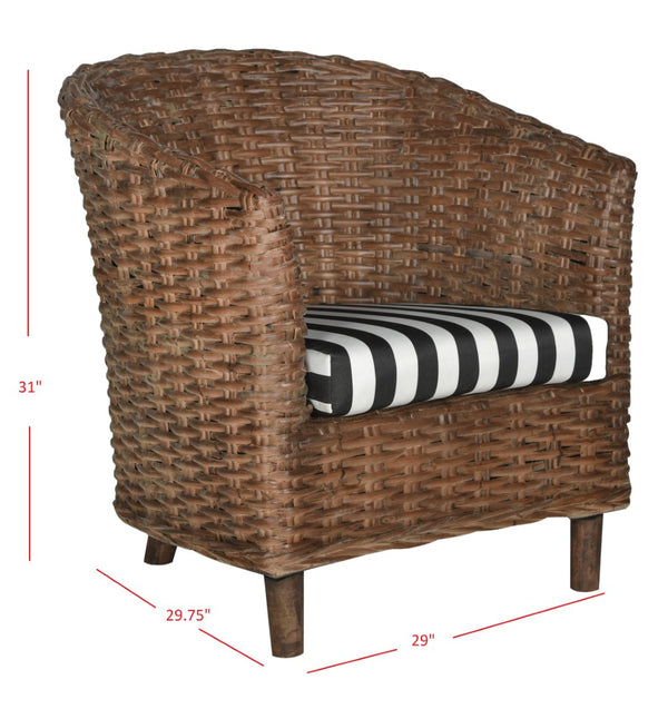 Safavieh Omni Barrel Chair - British Colonial-Inspired Rattan Accent With Soft Cotton Cushion For Cozy Elegance Brown/Black&White Cushion FOX6501D