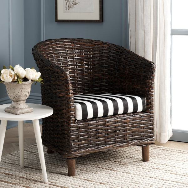 Safavieh Omni Barrel Chair - British Colonial-Inspired Rattan Accent With Soft Cotton Cushion For Cozy Elegance Brown/Black&White Cushion FOX6501D