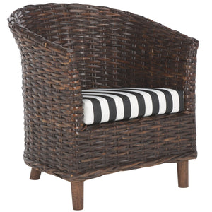 Safavieh Omni Barrel Chair - British Colonial-Inspired Rattan Accent With Soft Cotton Cushion For Cozy Elegance Brown/Black&White Cushion FOX6501D