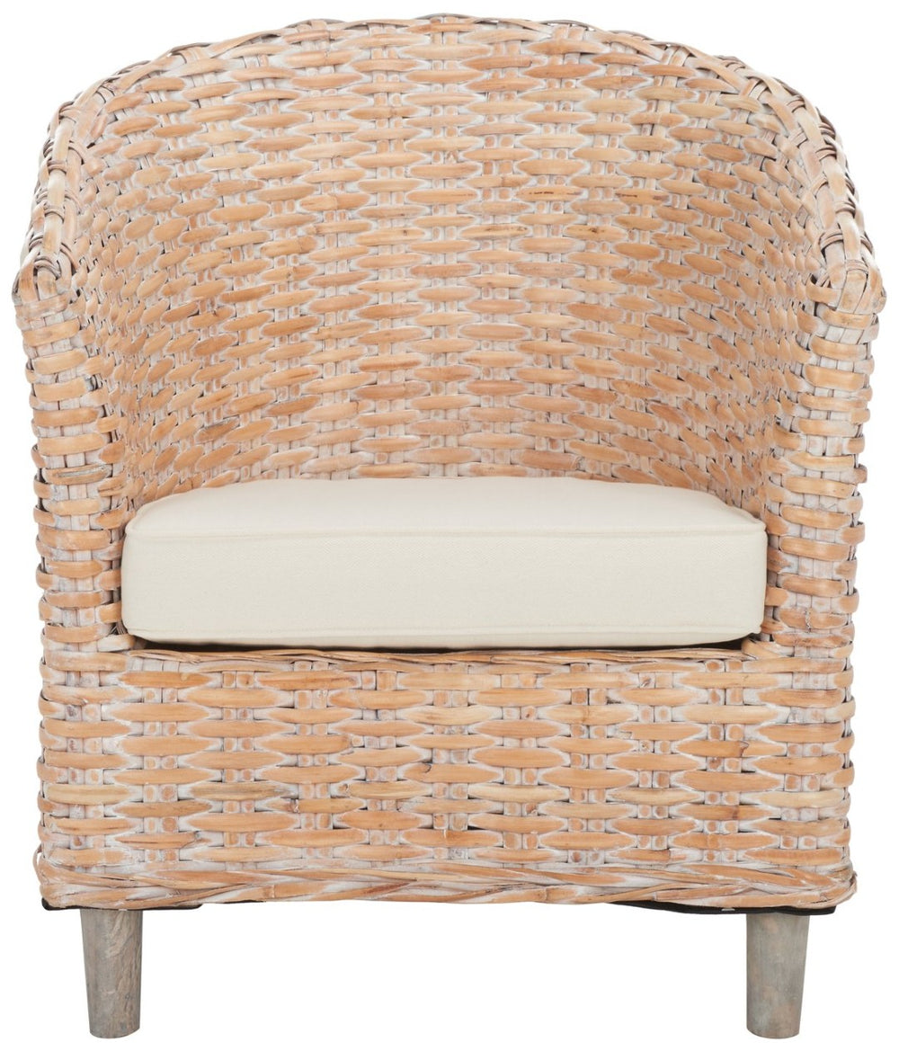 Safavieh Omni Barrel Chair - British Colonial-Inspired Rattan Accent With Soft Cotton Cushion For Cozy Elegance Natural White Wash/White FOX6501E