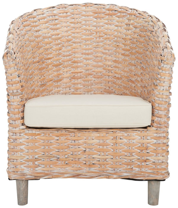 Safavieh Omni Barrel Chair - British Colonial-Inspired Rattan Accent With Soft Cotton Cushion For Cozy Elegance Natural White Wash/White FOX6501E