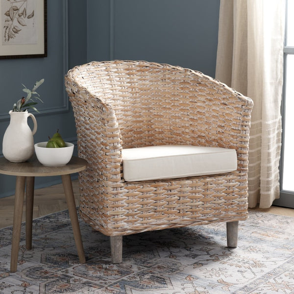 Safavieh Omni Barrel Chair - British Colonial-Inspired Rattan Accent With Soft Cotton Cushion For Cozy Elegance Natural White Wash/White FOX6501E