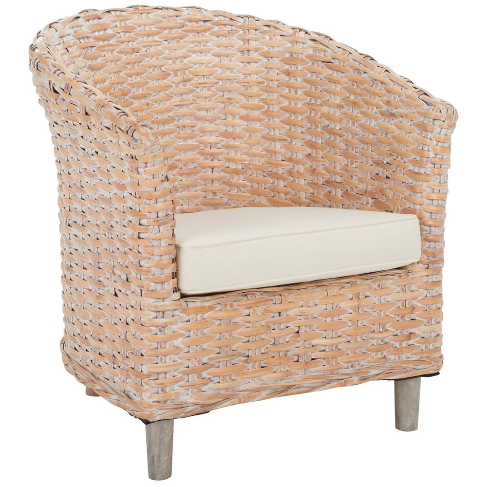 Safavieh Omni Barrel Chair - British Colonial-Inspired Rattan Accent With Soft Cotton Cushion For Cozy Elegance Natural White Wash/White FOX6501E