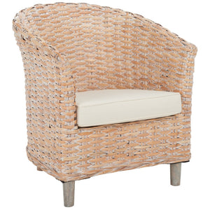 Safavieh Omni Barrel Chair - British Colonial-Inspired Rattan Accent With Soft Cotton Cushion For Cozy Elegance Natural White Wash/White FOX6501E
