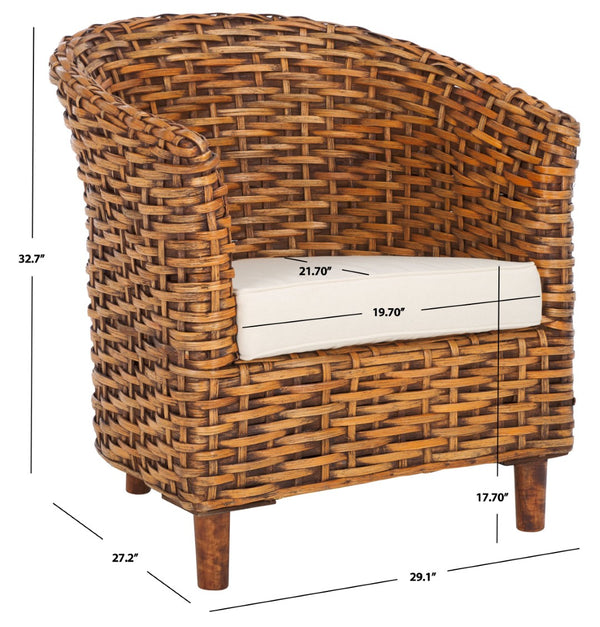 Safavieh Omni Barrel Chair - British Colonial-Inspired Rattan Accent With Soft Cotton Cushion For Cozy Elegance White / Honey Dark Brown FOX6501F