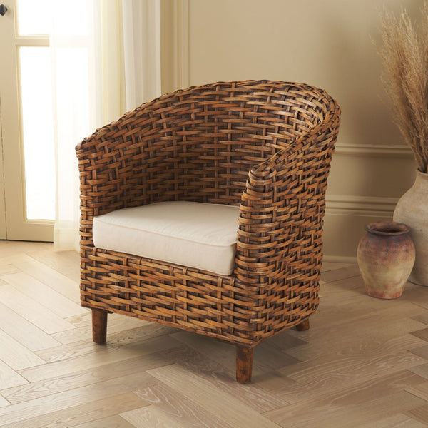 Safavieh Omni Barrel Chair - British Colonial-Inspired Rattan Accent With Soft Cotton Cushion For Cozy Elegance White / Honey Dark Brown FOX6501F