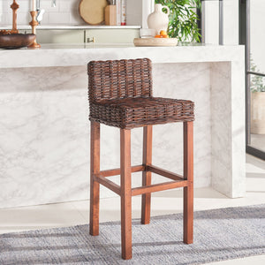 Safavieh Cypress Bar Stool - Island-Inspired Woven Rattan Seat With Solid Mango Wood For Timeless Charm Cappuccino FOX6502A