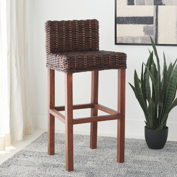 Safavieh Cypress Bar Stool - Island-Inspired Woven Rattan Seat With Solid Mango Wood For Timeless Charm Cappuccino FOX6502A