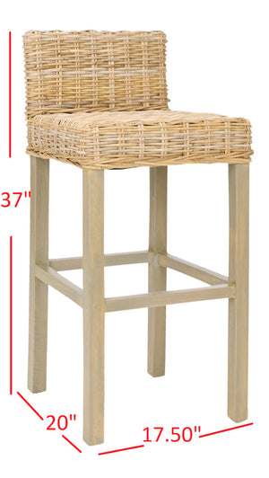 Safavieh Cypress Bar Stool - Island-Inspired Woven Rattan Seat With Solid Mango Wood For Timeless Charm Antique Grey FOX6502B