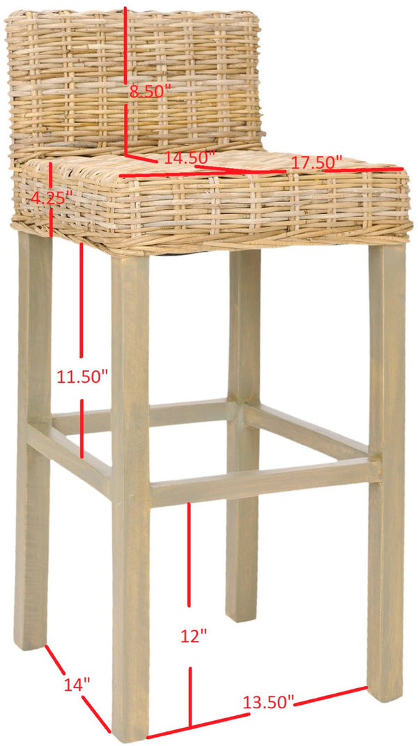 Safavieh Cypress Bar Stool - Island-Inspired Woven Rattan Seat With Solid Mango Wood For Timeless Charm Antique Grey FOX6502B