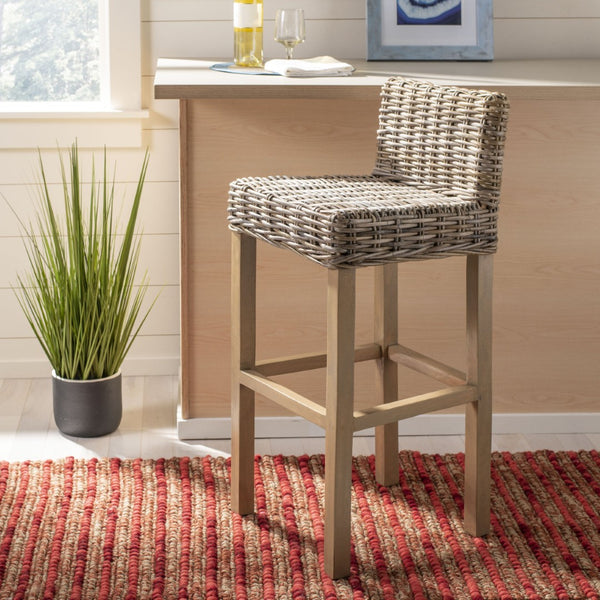 Safavieh Cypress Bar Stool - Island-Inspired Woven Rattan Seat With Solid Mango Wood For Timeless Charm Antique Grey FOX6502B