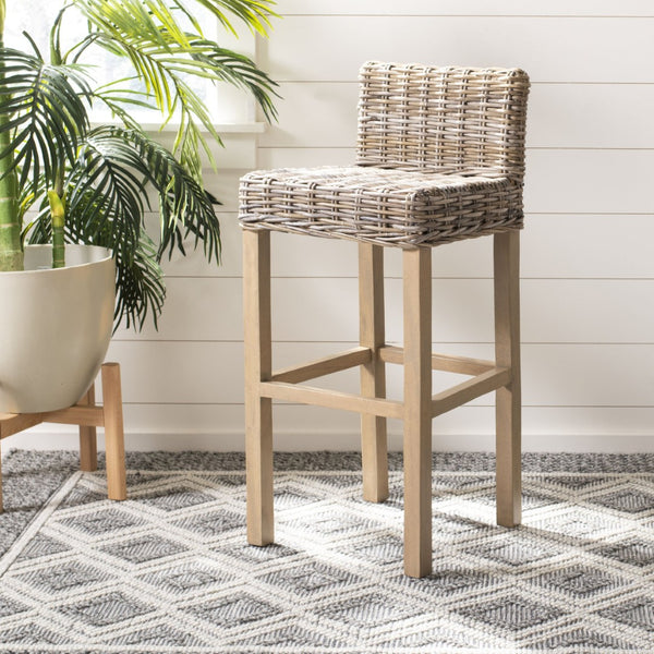 Safavieh Cypress Bar Stool - Island-Inspired Woven Rattan Seat With Solid Mango Wood For Timeless Charm Antique Grey FOX6502B