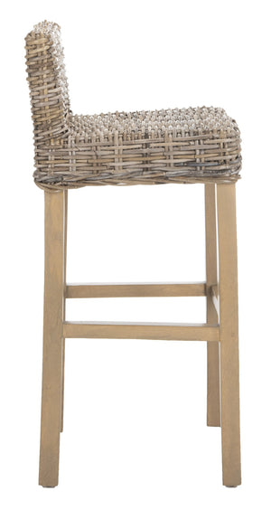 Safavieh Cypress Bar Stool - Island-Inspired Woven Rattan Seat With Solid Mango Wood For Timeless Charm Antique Grey FOX6502B