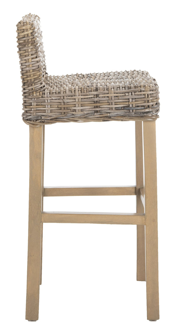 Safavieh Cypress Bar Stool - Island-Inspired Woven Rattan Seat With Solid Mango Wood For Timeless Charm Antique Grey FOX6502B