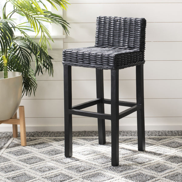 Safavieh Cypress Bar Stool - Island-Inspired Woven Rattan Seat With Solid Mango Wood For Timeless Charm Black FOX6502C