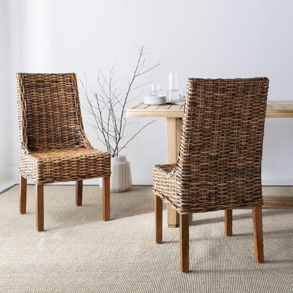 Safavieh SUNCOAST Arm Chair - Coastal Charm with Contoured Design, Durable Mango Wood & Rattan Weave, Set of 2 Brown / Teak Brown FOX6503A-SET2