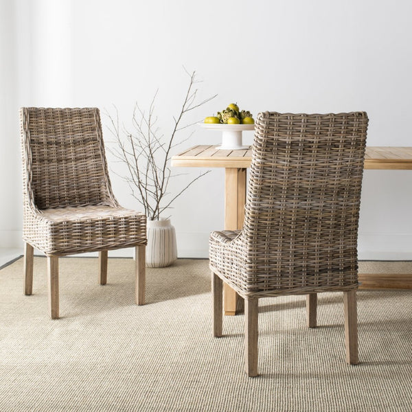 Safavieh SUNCOAST Arm Chair - Coastal Charm with Contoured Design, Durable Mango Wood & Rattan Weave, Set of 2 Natural Unfinished / Rustic Gr FOX6503B-SET2
