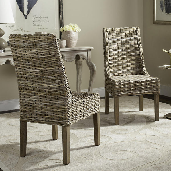 Safavieh SUNCOAST Arm Chair - Coastal Charm with Contoured Design, Durable Mango Wood & Rattan Weave, Set of 2 Natural Unfinished / Rustic Gr FOX6503B-SET2