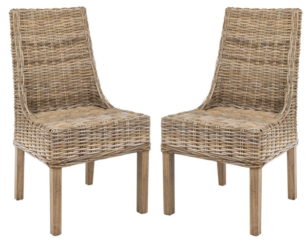 Safavieh SUNCOAST Arm Chair - Coastal Charm with Contoured Design, Durable Mango Wood & Rattan Weave, Set of 2 Natural Unfinished / Rustic Gr FOX6503B-SET2